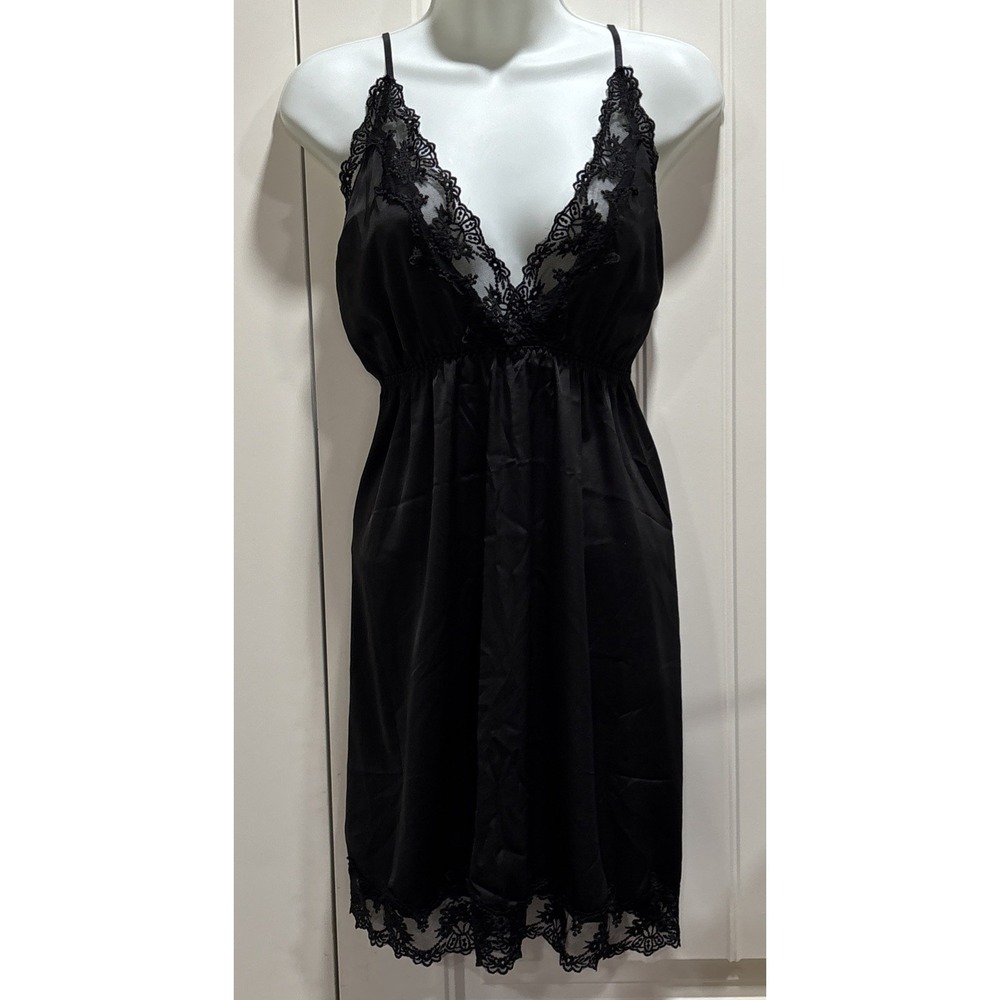 Slip Dress Nightie Nightgown black  satin lace Large EUC Elastic Waist - Picture 3 of 11